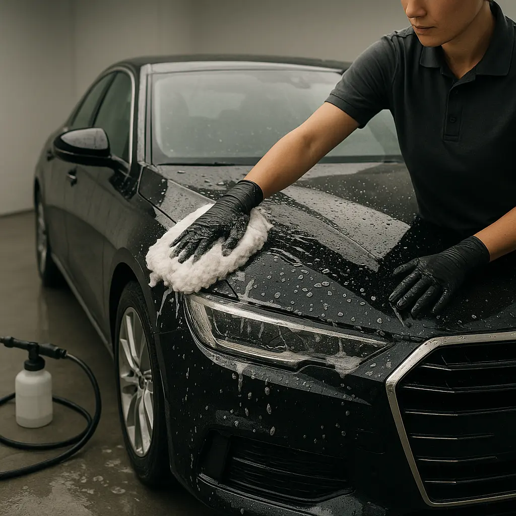 Professionelle Handwäsche eines Fahrzeugs